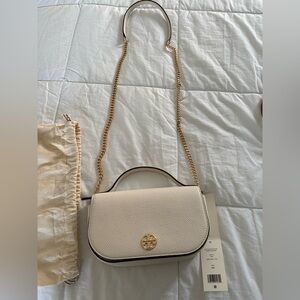 Tory Burch Cream Pebbled Leather Chain Crossbody Mini Bag with Gold Hardware